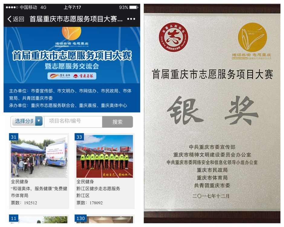 “和谐奥体•服务健康”免费健身项目荣获首届重庆市志愿服务项目大赛银奖