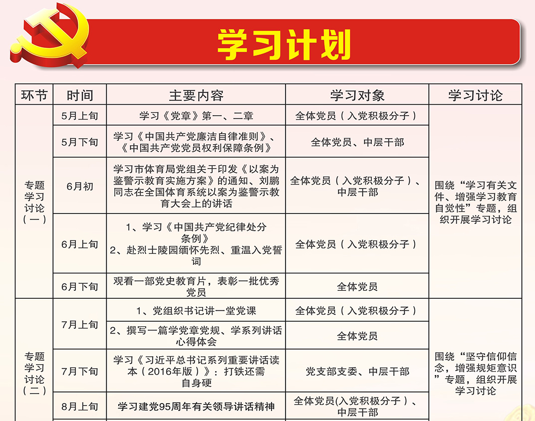 市奥体中心“两学一做”学习教育计划表